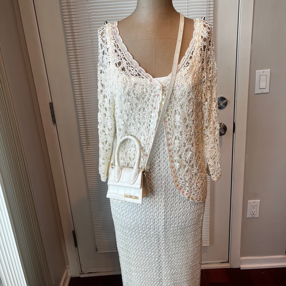 Cream Lace & Sequin 3/4 Sleeve Maxi Gown